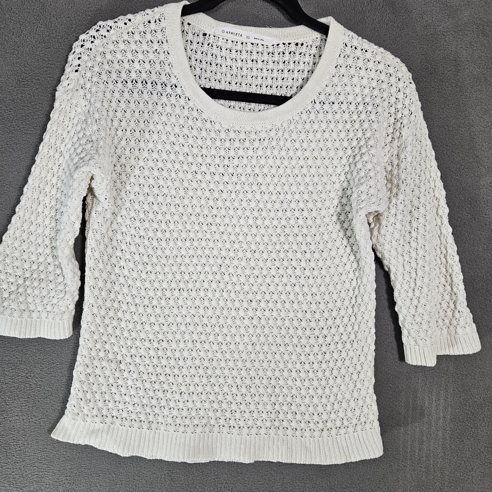 Athleta Seychelles Cotton Linen Blend Open Knit Sweater Ivory 3/4 Sleeve Size XS